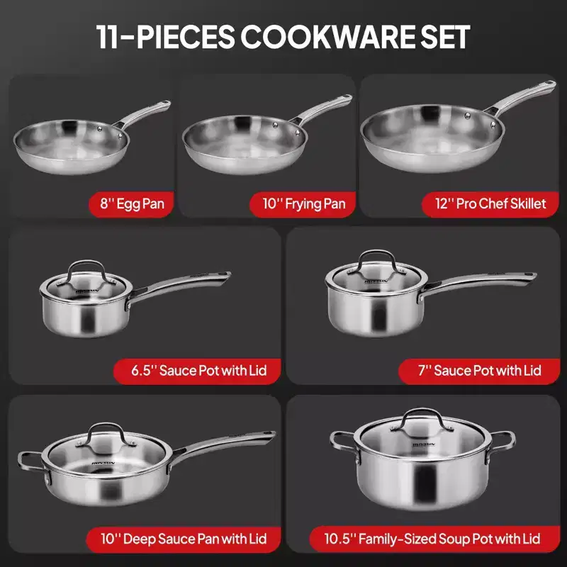 ROVSUN 11-Pcs Stainless Steel Cookware Set, Tri-Ply Pots and Pans Set with Lids, Full Clad Stainless Steel, Non-Toxic Kitchen Set, PFOA & PTFE Free