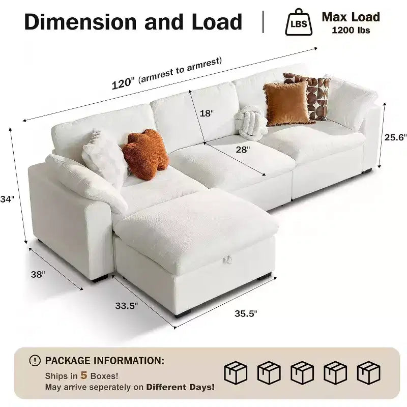 Dyonery Oversized Cloud Modular Sectional Sofa, L-Shape & U-Shape & Sleeper Couch with Storage Ottoman, Deep Seat