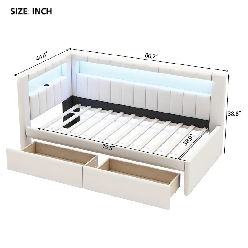 Lit plateforme rembourré avec ports USB et éclairage LED - Cadre de lit double/simple avec 2 tiroirs de rangement - Chambre moderne