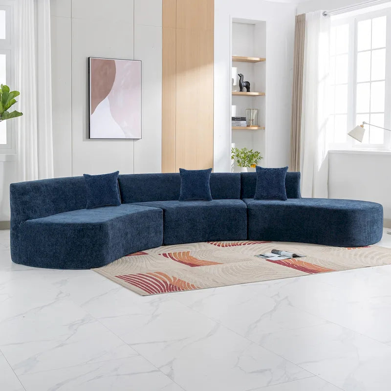 136in Stylish Curved sofa Sectional Sofa Chenille Fabric Sofa Couch with Three Throw Pillows for Living Room,