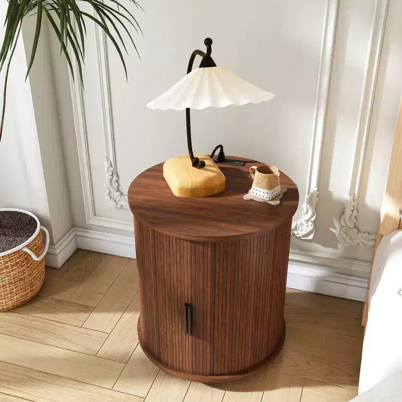 JVNOXK Two-Piece Set: Medieval Modern Style Cylindrical Side Table and Storage Nightstand, Suitable for Living Rooms, Walnut