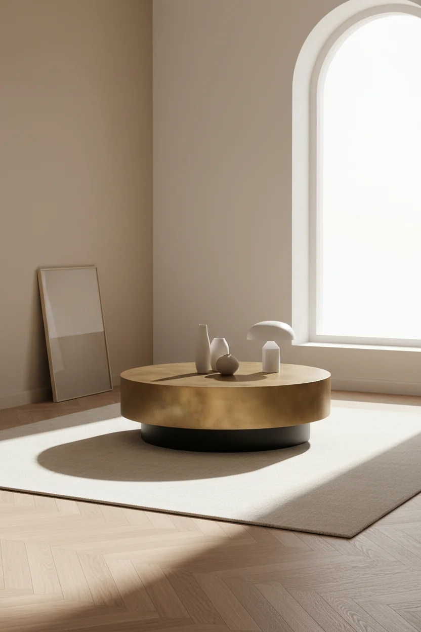 Contemporary Metal Coffee Table with Hand-Painted Antique Brass Round Top & Black Base for Living Room