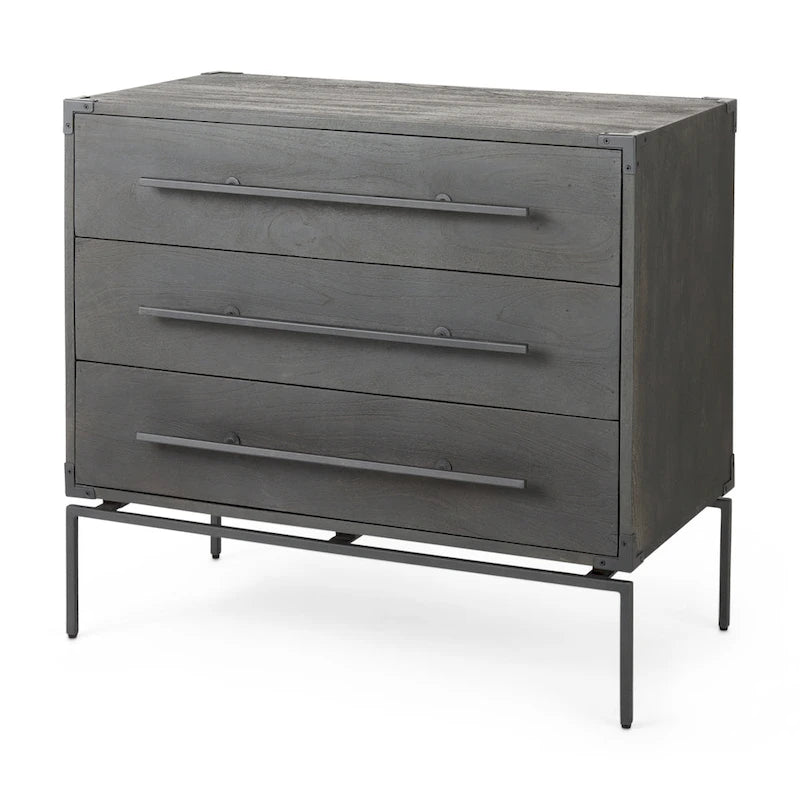Dark Brown Solid Wood 3-Drawer Accent Cabinet with Black Iron Base