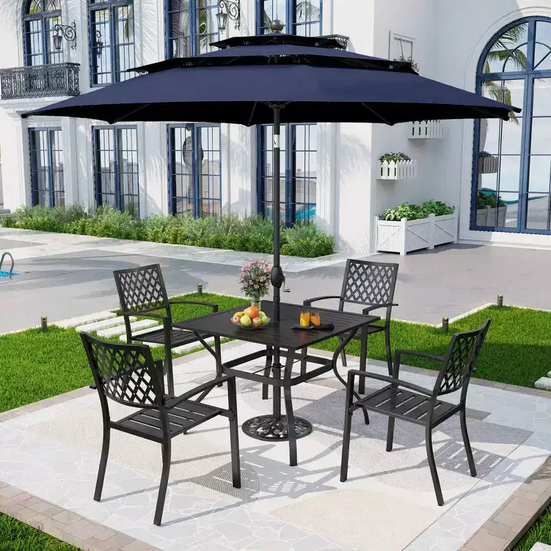 5pc Patio Set with 37" Square Metal Gridded Table with Umbrella Hole & Arm Chairs - Captiva Designs: Outdoor Furniture Set