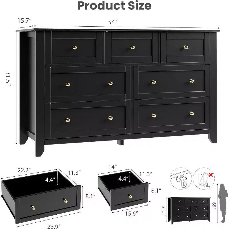 LinTimes 54 Modern 7-Drawer Dresser with Deep Drawers & Metal Knobs, Wooden Storage Chest for Bedroom, Entryway, Hallway