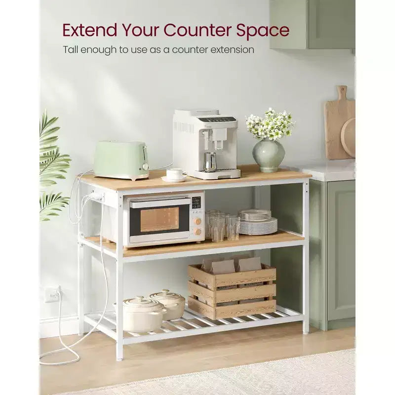 VASAGLE Kitchen Island with 3 Shelves, 47.2 Inches Width Kitchen Shelf with Power Strip, Large Worktop, Stable Steel Structure