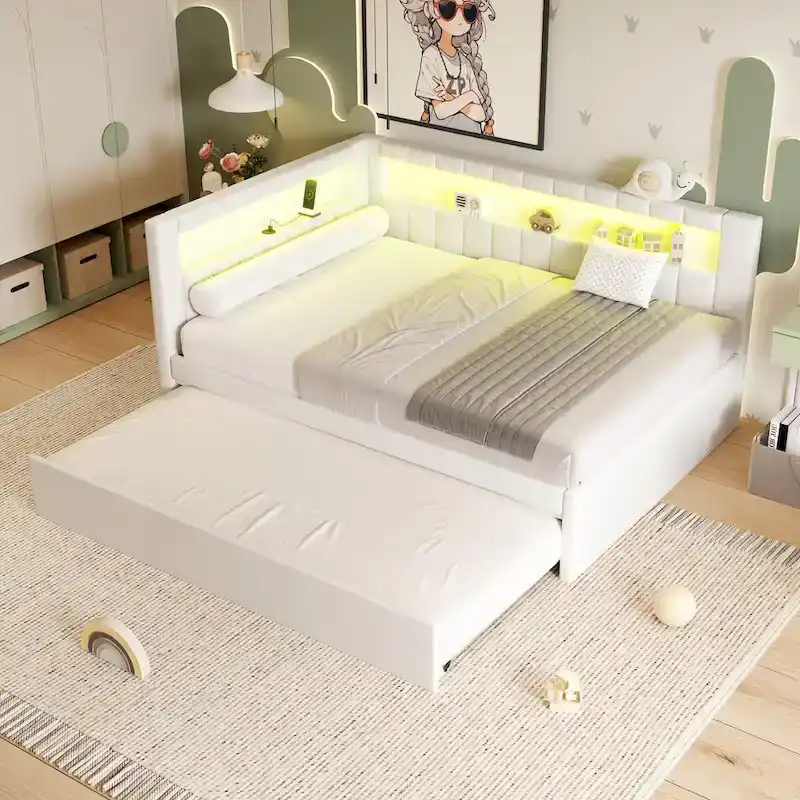 Lit plateforme rembourré avec ports USB et éclairage LED - Cadre de lit double/simple avec 2 tiroirs de rangement - Chambre moderne