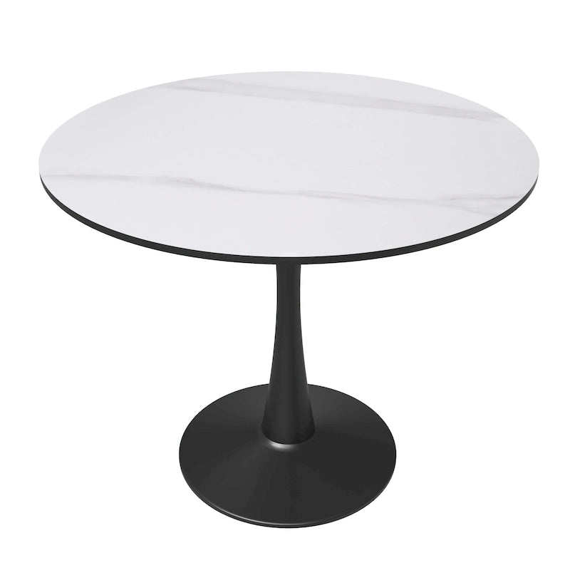Bristol 32 Round Minimalist Dining Table for 4, Sintered Stone Top & Black Iron Pedestal Base for Kitchen & Dining Room