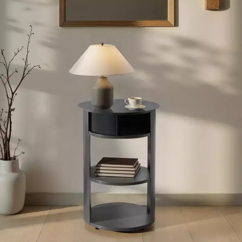Modern 3-Tier Round End Table with Sliding Door Cabinet, Matte Metal Accent Side Table for Living Room, Bedroom, or Small Spaces-Panipeachy