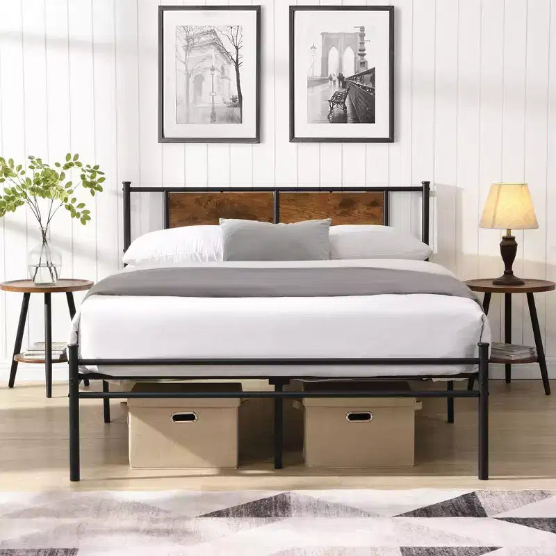 Okak King Size Bed Frame with Headboard, Modern Platform Bed with Wood Panel Decoration for Bedroom, Black