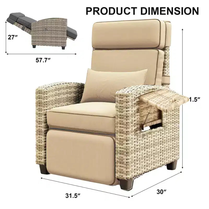 Outdoor Rattan Lounge Chair, Rattan Sofa Chair with Flip-Up Side Table and Cushions, PE Rattan, Suitable for Patios, Gardens, Poolside, and Terraces