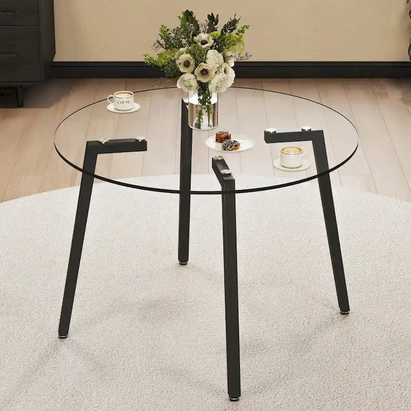 Round Tempered Glass Dining Table with Black Metal Legs, 42x42x29.5