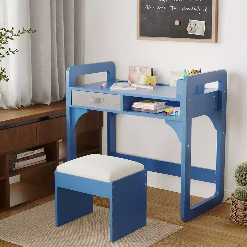 Adjustable Kids Desk and Chair Set, with Cloth Drawers and Pen Holder, Wooden Study Table, for Reading, Homework, Writing