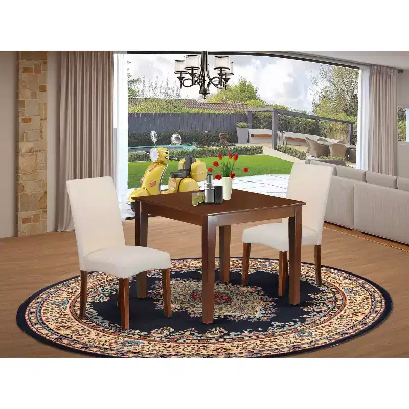 Retro Square Dining Set - 36 Table & 2 Chairs - Linen Fabric Cream - Mahogany Legs - HomeStock
