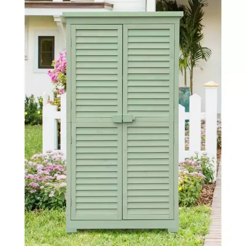 Abri de jardin extérieur résistant aux intempéries de 160 cm (63 pouces), avec étagères amovibles, serrures, portes à double battant, abri de jardin en bois haut avec plancher pour terrasse ou cour.