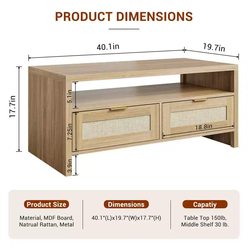 Oak 2-Tier Coffee Table C 102x50x45cm Mid Century Rattan Table with 2 Drawers for Living Room/Office