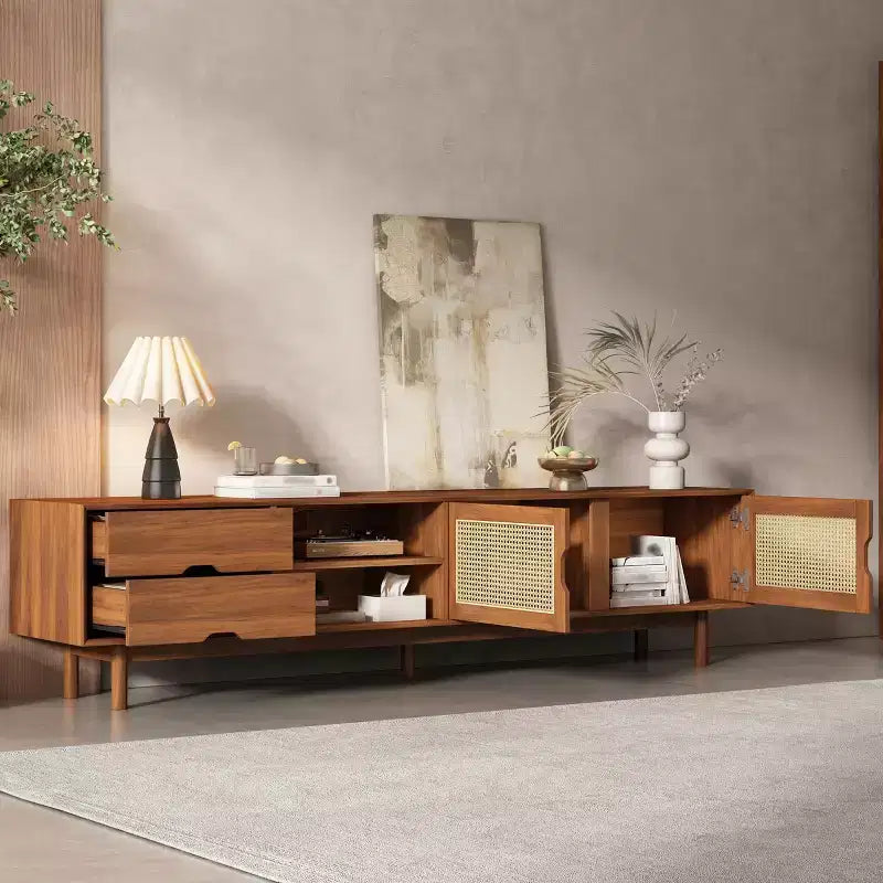 79 TV Stand for TVs up to 85, TV Console Media Console Walnut TV Cabinet Media Entertainment Center with Rattan Soft-close Door&Drawers - ModernLuxe