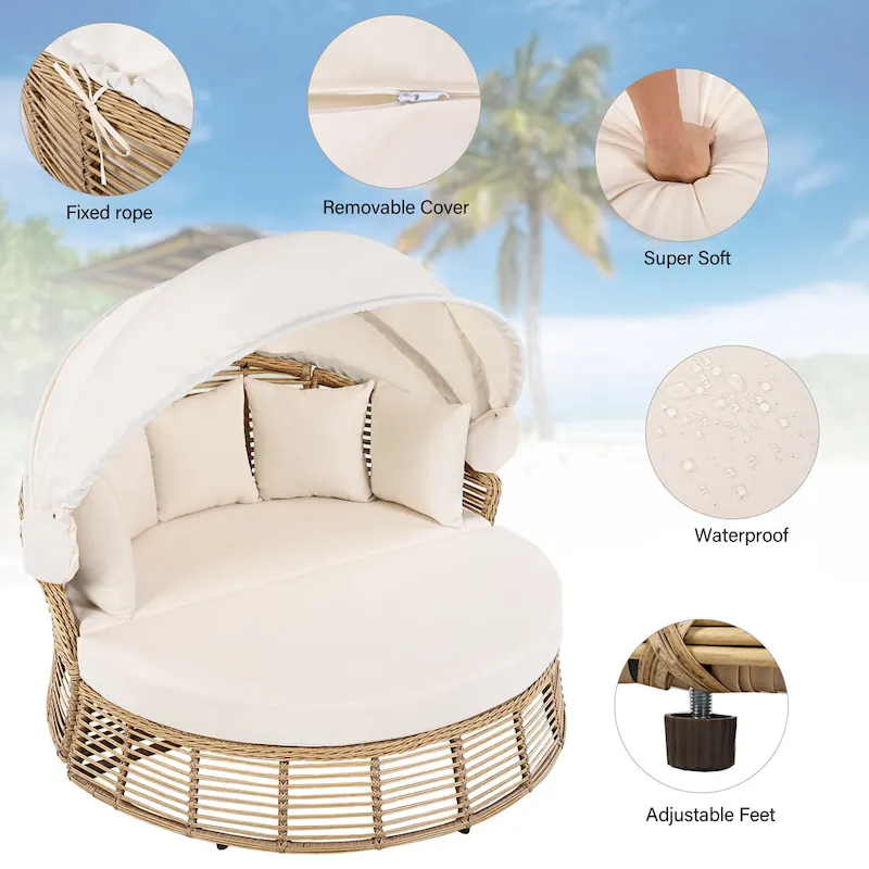 Outdoor Patio Rattan Round Daybed Sunbed with Retractable Canopy and Removable Cushions