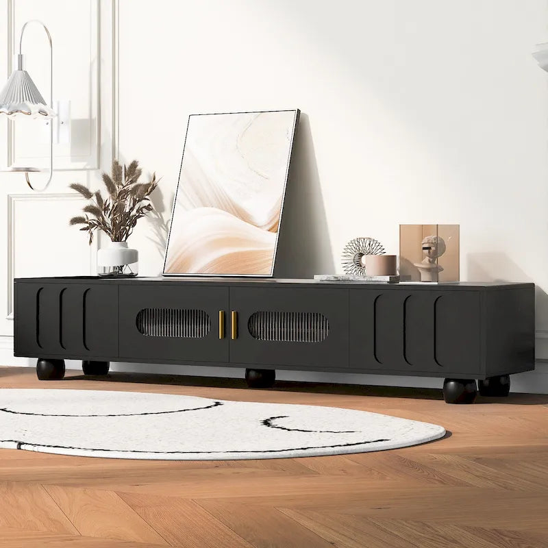 Modern TV Stand with Tempered Glass Doors and Storage