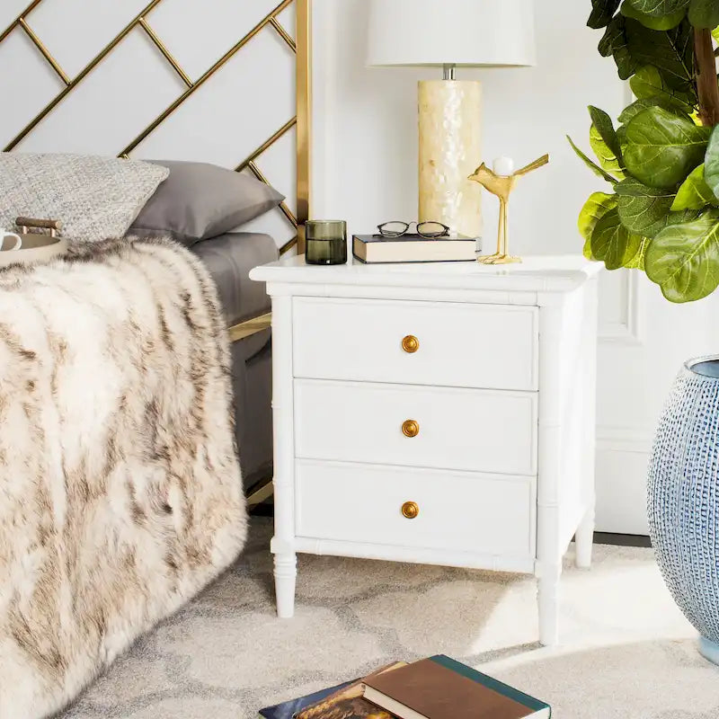 Modern Coastal 3-Drawer Nightstand with Bamboo-Style Frame & Gold Pulls