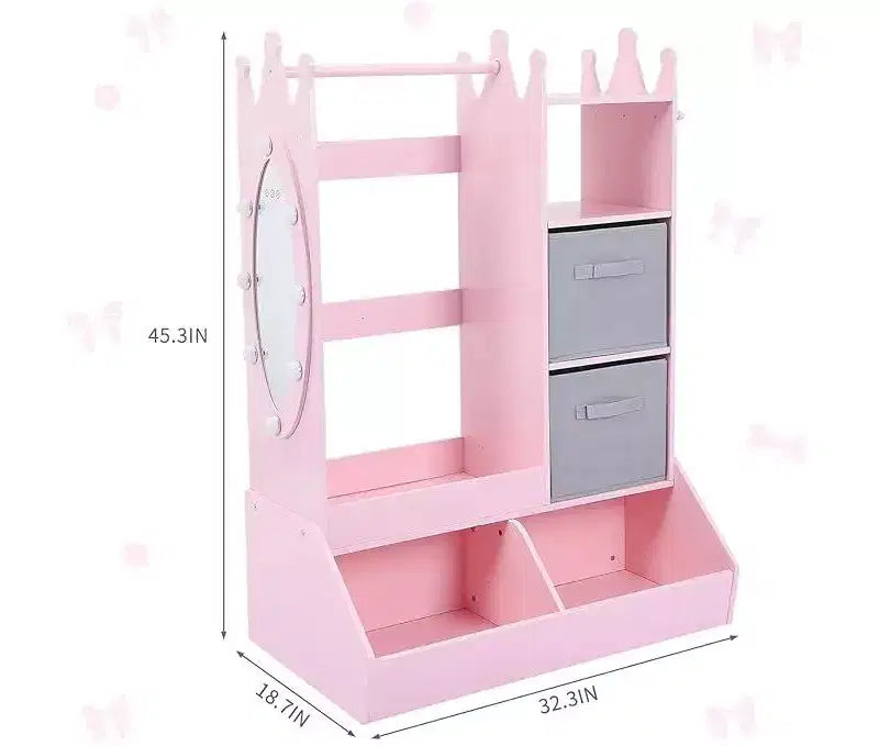Kids Dress Up Storage with Mirror, Pink Wardrobe Closet & Dresser with Mirror, Costume Organizer with Shelves and Jewelry Cabinet Kids Dressers