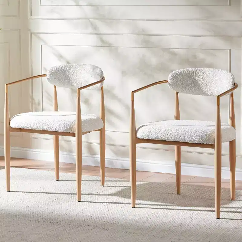 Boucle Dining Chairs Set of 2, Modern Armchairs with Wood Grain Metal Legs for Kitchen, Living Room, Restaurant, Cafe - Morden Fort