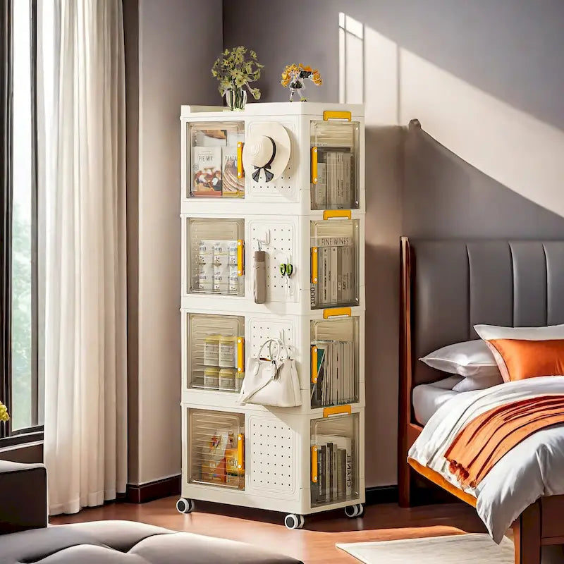 4-Tier Rolling Storage bookcase with Wheels, Large Capacity Storage bins, Mobile Multifunction Utility Rolling Storage Organizer