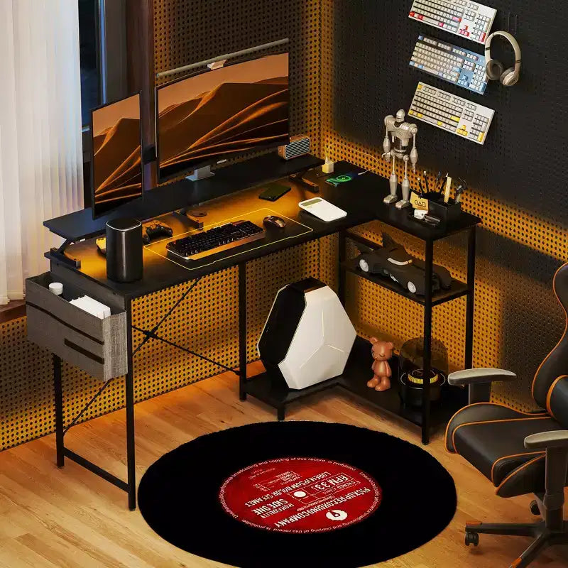 L Shaped Computer Desk with Charging Station and RGB Lights Reversible Corner Desk