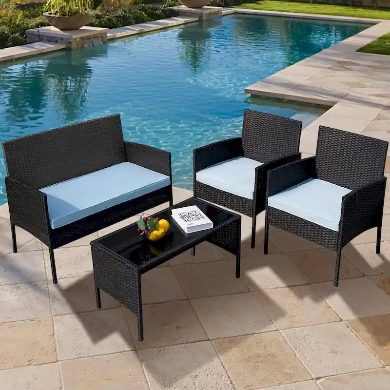 4 Piece Patio Conversation Wicker Furniture Set, Outdoor Rattan Sectional Furniture Set With Cushions for Yard Garden