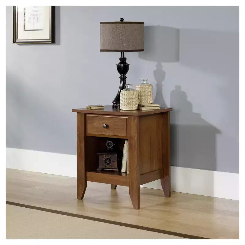 Shoal Creek Nightstand Oiled Oak - Sauder: Traditional Bedside Table, MDF & Particle Board, Drawer & Open Shelf