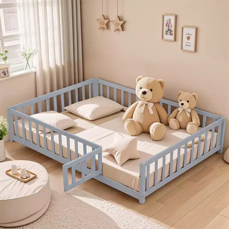 SC 1 Plywood Full Size Floor Platform Bed with Fence and Door for Kids, Montessori Floor Bed Frame Grey