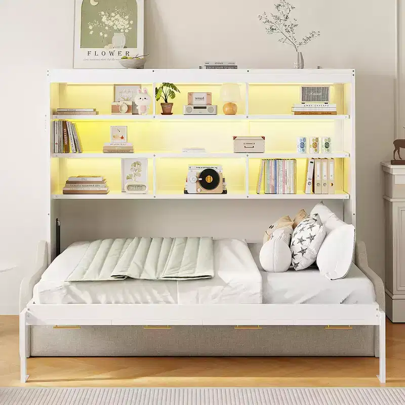 Wood Queen Size Murphy Cabinet Bed with Folding Sofa,Built-in Storage Shelves and LED Light