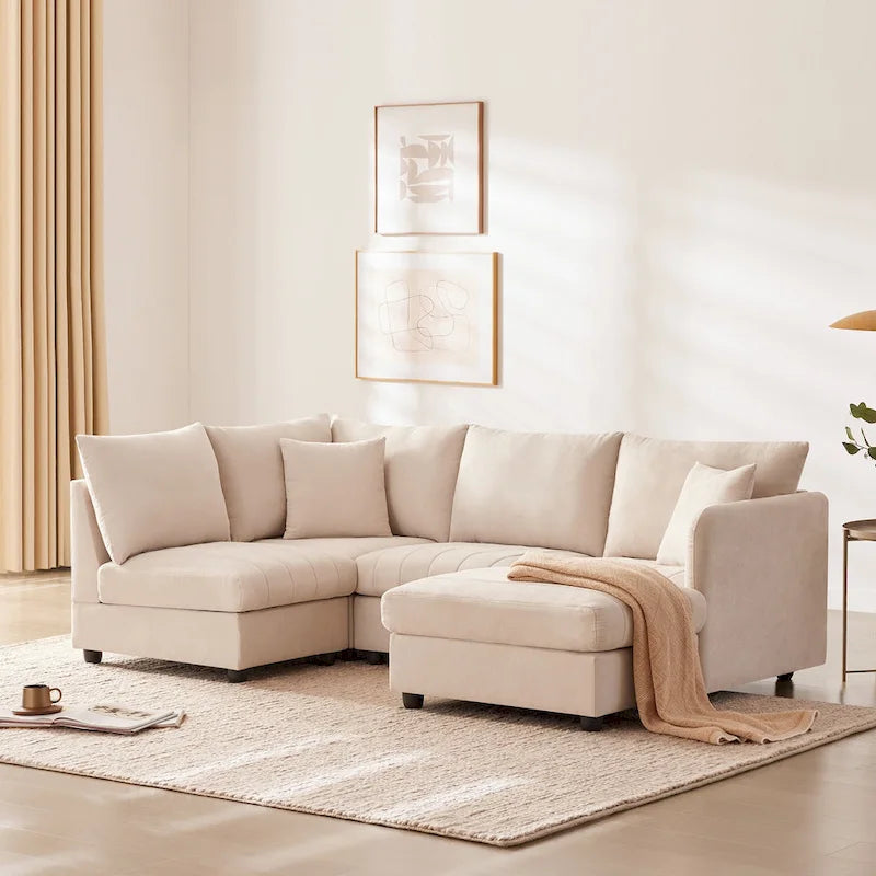 [VIDEO provided][New]89*79Modern Sectional Sofa with Vertical Stripes,2 Pillows,5-Seat Couch with Convertible Ottoman,Various C
