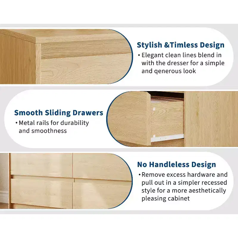 Farmhouse 6 Drawer Dresser, 47 Inch Wide Chest of Drawers with Handle-Less Design, Natural Oak Wooden Storage Cabinet for Bedroom(Retro Brown)