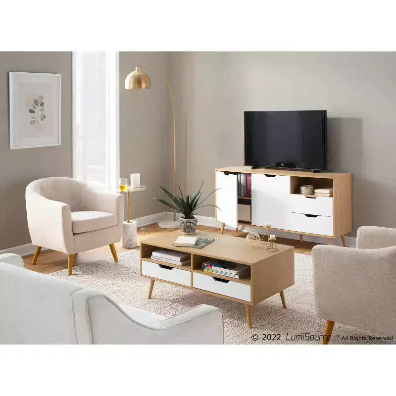 White & Brown Rectangle Coffee Table with Drawers & Shelves – Seats 1