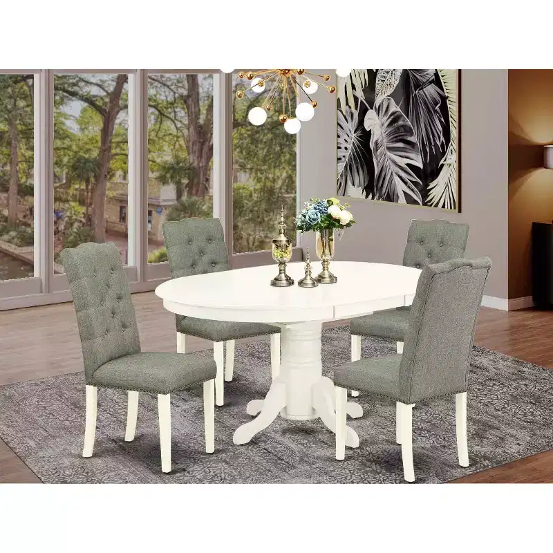HomeStock 5-Piece Oval Linen White Finish Solid Wood Top Dining Table with 4-Parson Chair with Butterfly Leaf