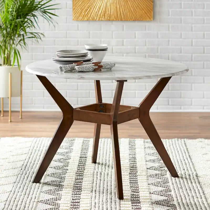 42 Round Dining Table with Faux Marble Top and Walnut Legs
