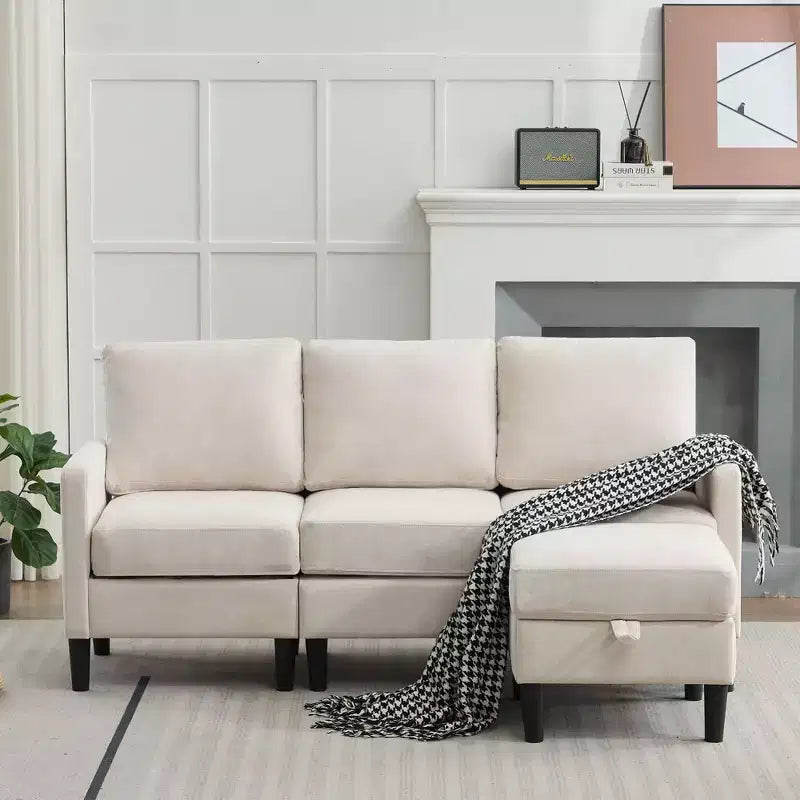 HYLEORY L-Shaped Convertible Sectional Sofa Couch 3 Seater with Linen Fabric, Complete with Ottoman, for Living Room, Apartment and Office