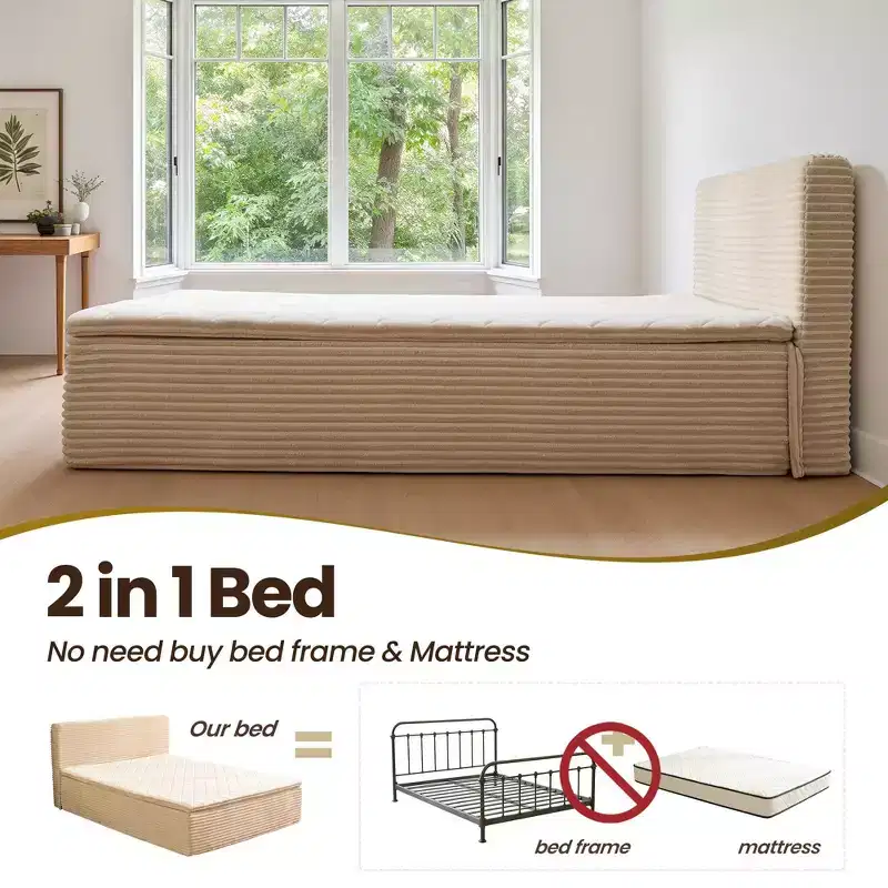 HOMLUX Queen Bed w/ Headboard, Unbox & Unfold, Ready in 72 Hrs, Motion Isolation, Medium Firm Support