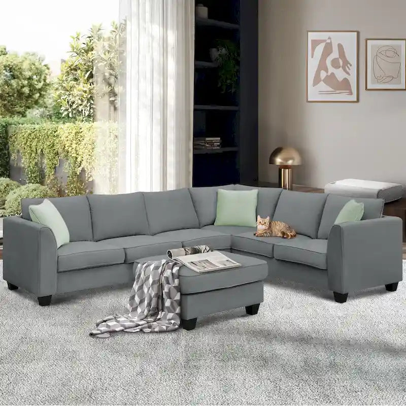 L-Shaped 7-Seats Modular Sectional Sofa with Ottoman with 3 Pillows