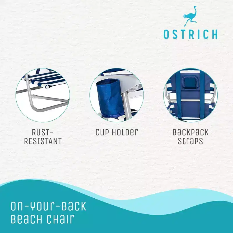 Ostrich 3N1 Altitude 16'' High Outdoor Reclining Beach Lounge Chair with On-Your-Back Outdoor Lounge 5-Position Recline Beach Chair, Striped Blue