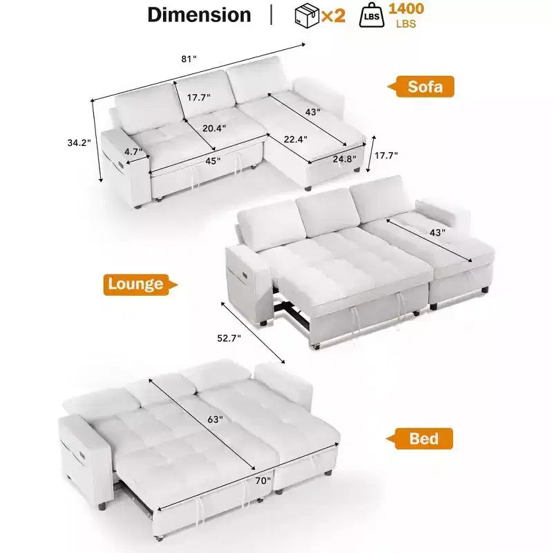 Dyonery Sleeper Sectional Sofa with Pull-Out Bed, Storage Chaise, Adjustable Backrest & USB, Chenille