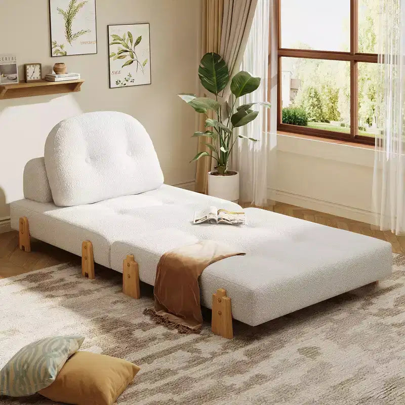 ModernLuxe Convertible Sofa Bed with Teddy Fabric, Tufted Folding Floor Ottoman Chair with Pillow and Solid Wood Legs, Beige