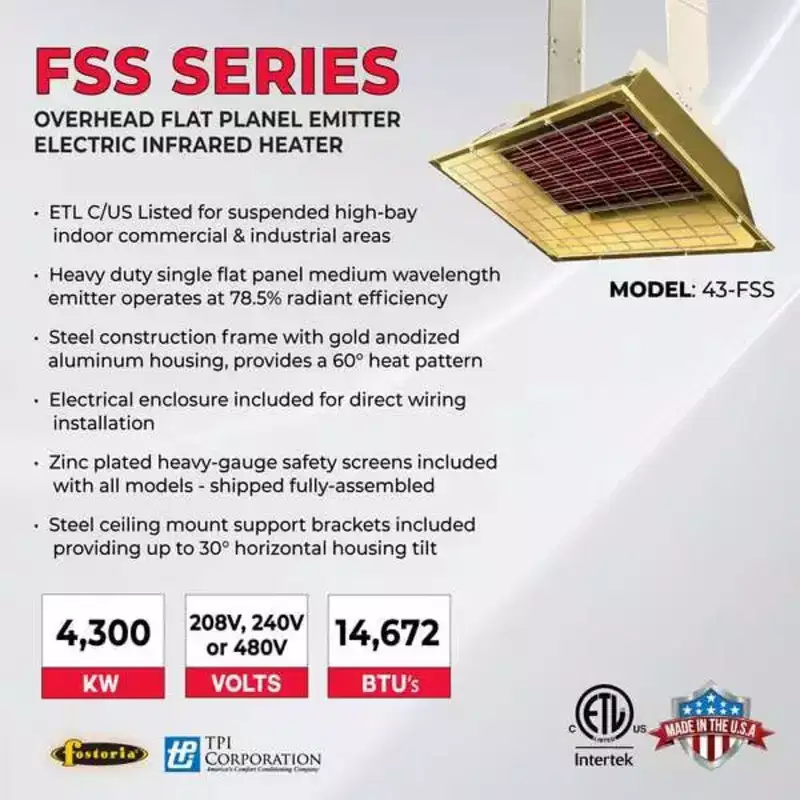Fostoria Infrared Overhead Electric Heater, 1, 3 Phase, Aluminum, 240V AC