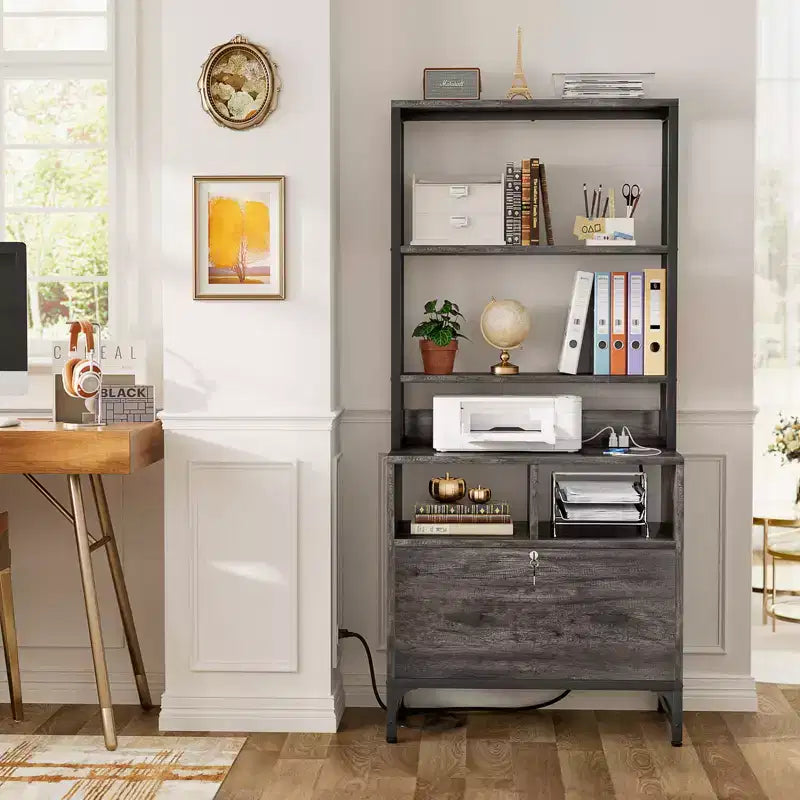 Besiost File Cabinet with Charging Station, Bookshelf with Filing Cabinet