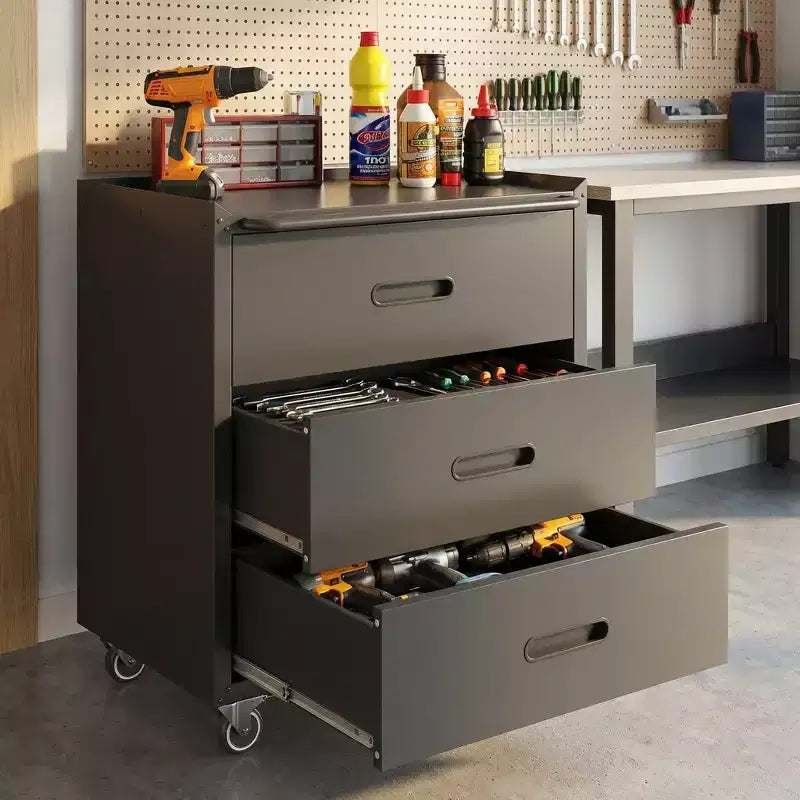 VIYET 35H 3-Drawer Heavy-Duty Steel Storage Cabinet with Lockable Wheels, 200LBS Capacity for Garage/Office/Home Organizer (Black)