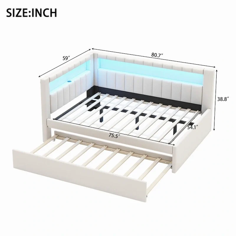 Lit plateforme rembourré avec ports USB et éclairage LED - Cadre de lit double/simple avec 2 tiroirs de rangement - Chambre moderne