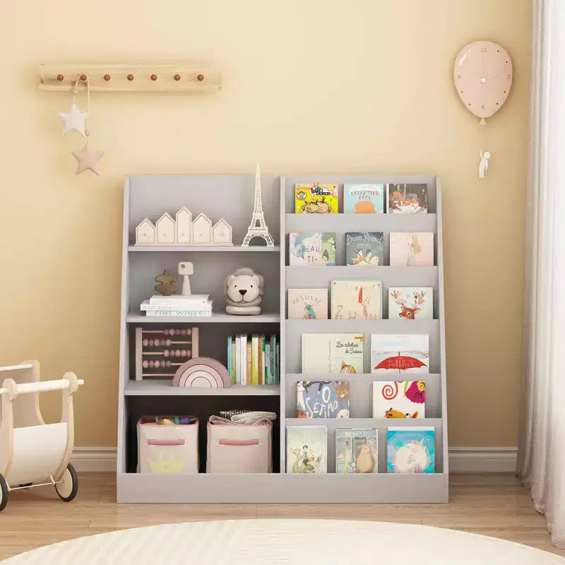 MAYEERTY Bookshelf and Toy Storage Organizer, 4 Tier Wooden Book Shelf with Bookcase Display Stand in Kids Room Playroom Gray