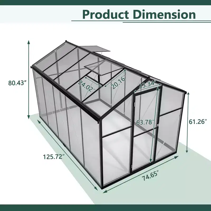 6 x 8 FT Greenhouse for Outdoors Polycarbonate Greenhouse with Quick Setup Structure and Roof Vent Aluminum Large Walk-in Greenhouse Black