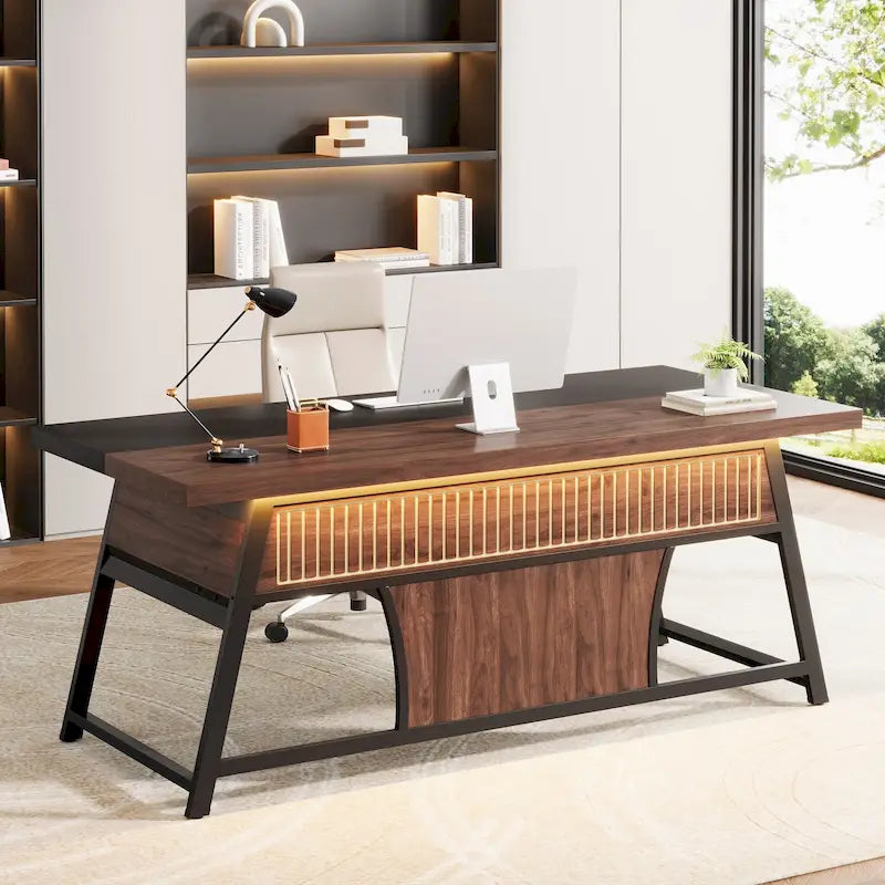 63-Inch Executive Desk with LED Light Strip, Storage Shelf & Metal Frame �C Walnut & Black